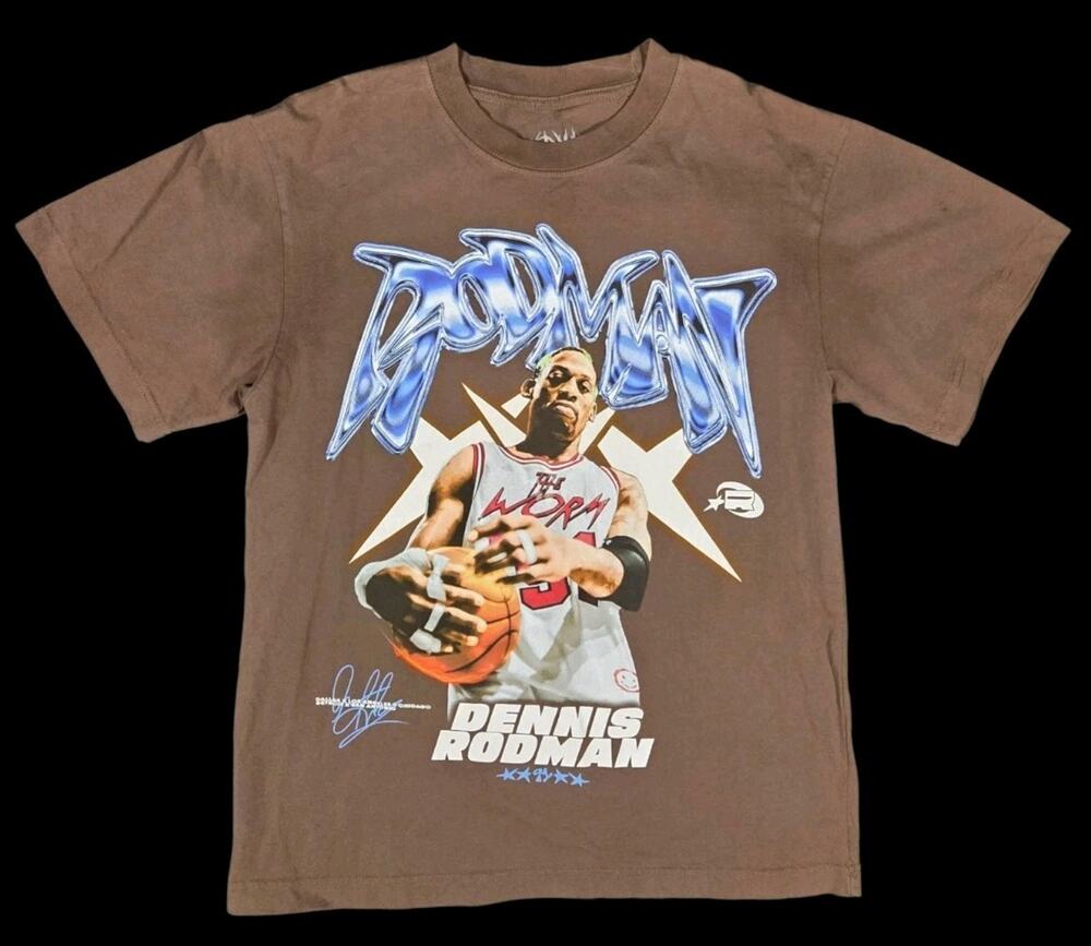 Dennis Rodman Graphic T-Shirt Brown Mens Small The Worm Basketball Streetwear